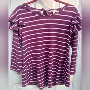 Cato Women’s 3/4 Sleeve Ruffle Shoulder Tie Back Red Wine/Pink Striped Top M